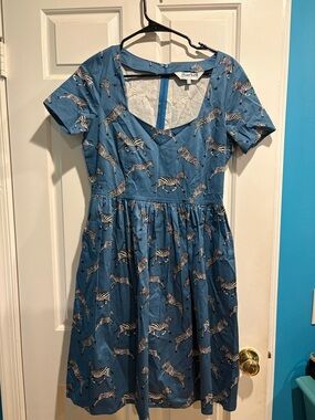 Harkel dress novelty zebra print whimsical blue sweetheart neck sz 8 M